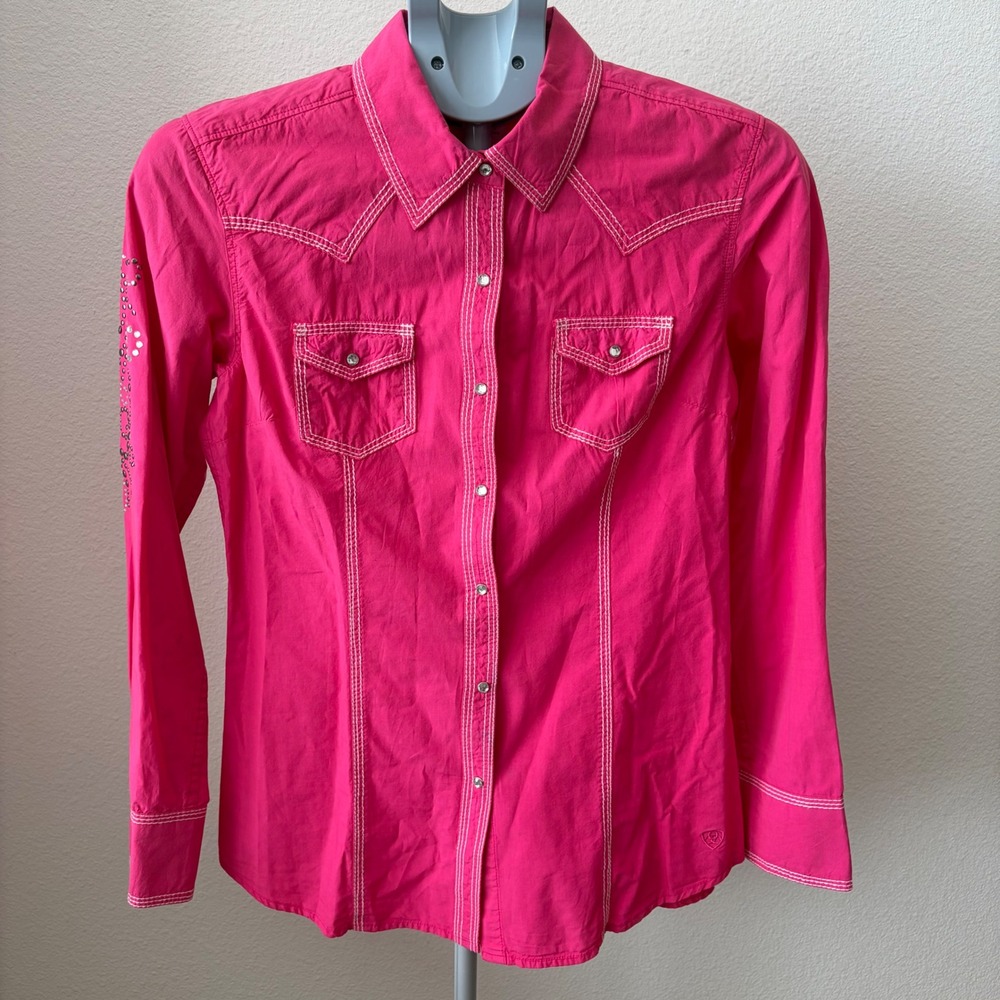 Ariat Western Snap Shirt Women Medium Hot Pink Rhinestone Bling Contrast Stitch - Picture 1 of 7
